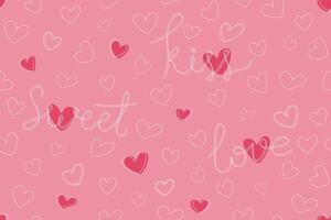 Seamless pattern with hand drawn hearts and hand written words. Cute romantic background with hearts. Romantic pattern for printing, gift wrapping. Festive background for Valentines Day vector