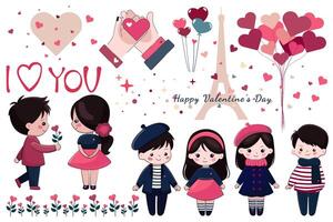 retro cute set of romantic decor elements in flat style. simple group with valentine day details vector