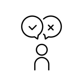 This line art illustration shows a thoughtful person contemplating choices, featuring speech bubbles with yes and no options, symbolizing decisionmaking and the evaluation of surveys vector