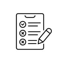 This is a minimalist line icon illustrating a survey form that features multiple checkboxes and a pencil, effectively representing the process of gathering feedback and conducting assessments vector