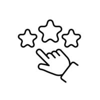 This is a minimalist line icon that depicts a hand actively selecting a star rating. It is ideal for use in various applications related to feedback, reviews, and assessment processes vector