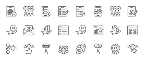 Discover our detailed collection of surveythemed thin line icons, perfect for representing ratings and feedback in any project. Ideal for web and graphic design to communicate ideas effectively vector