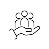 This minimalist icon beautifully illustrates a hand gently supporting three figures, symbolizing community care, support, collaboration, and teamwork that brings people together for a common purpose vector