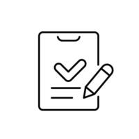 This icon represents a survey checklist, symbolizing assessment and data collection, with a pencil for notetaking, making it ideal for documentation and planning of tasks and projects vector