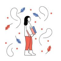 Illustration of a poetess standing in profile, holding books, with a background featuring feathers and ink. vector