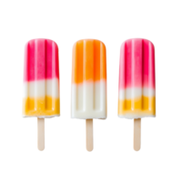 Three layered ice pops on sticks against black background png