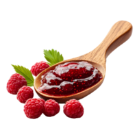 Raspberry Jam in Wooden Spoon with Fresh Raspberries png
