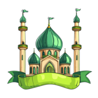 Green Domed Mosque with Tall Minarets and Banner png