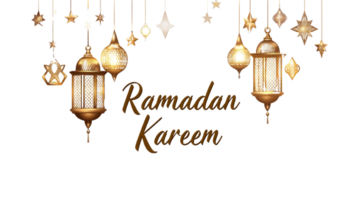 Ramadan Kareem greeting with golden lanterns and stars png