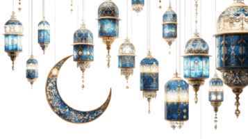 Elegant Blue and Gold Lanterns with Crescent Moon png