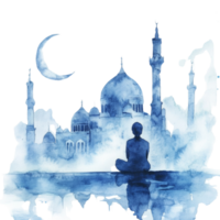 Serene Silhouette Meditating Before a Mosque Under the Moon png