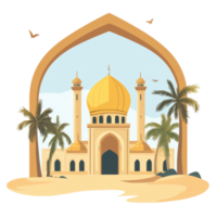 Majestic Mosque in Desert Oasis Setting with Palm Trees png