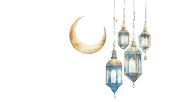 Crescent Moon and Ornate Hanging Lanterns Design png