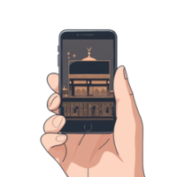 A Hand Holds a Smartphone Displaying the Kaaba. isolated transparent background png