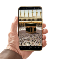 A Hand Holds A Smartphone Displaying The Kaaba. isolated png