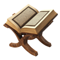 Quran open on a wooden stand displaying arabic script png