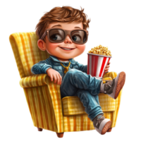 Cool Boy Relaxing in Chair Enjoying Popcorn png