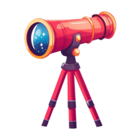 A red telescope on a tripod shows stars in its lens png