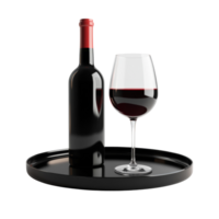 Red wine bottle and glass on a black tray. cut out png
