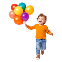 Happy Child with Colorful Balloons in Bright Orange Sweater png