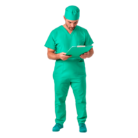 Medical Professional in Scrubs Reviewing Notes with Focused Expression png