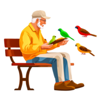 Elderly man feeding colorful birds in a park setting png