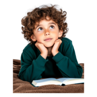 Curious Child Daydreaming While Reading a Book on Soft Blanket png