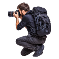 Photographer in Action with Camera and Backpack on Urban png