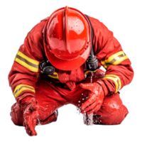 Firefighter in Red Suit Crouching with Water Splashing Action png