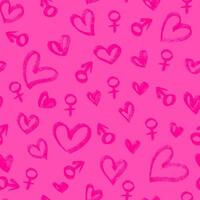 seamless pattern with drawn hearts an gender signs. Textured drawn heart shapes and femininity and masculinity symbols repeatable backdrop. Minimalistic romantic backdrop. vector
