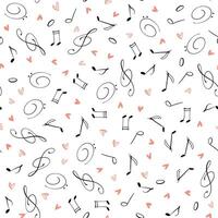 Seamless pattern with musical notes and heart shapes on white background. Valentines day, romantic music melody backdrop. Elegant seamless pattern with romantic and musical themes. vector