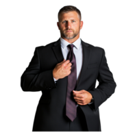 Confident Businessman Adjusting Tie in Formal Attire Against Black png