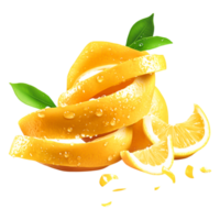 Fresh Yellow Lemon Slices and Zest with Green Leaves and Water Drops png