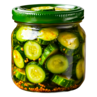 Freshly Pickled Cucumbers in Jar with Bright Green Lid and Spices png