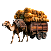Camel with Heavy Load of Bales Transporting Goods in Desert Environment png