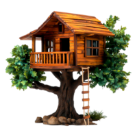 Charming Rustic Tree House with Wooden Ladder Surrounded by Greenery png