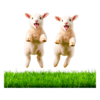 Playful Lambs Jumping on Green Grass in a Farm Setting png