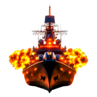 Explosive Naval Battle Scene with Flames and Warship in Action png