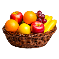 Fresh Fruit Basket with Apples, Oranges, Grapes, and Bananas png