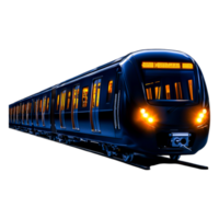 Futuristic Subway Train on Tracks at Night with Bright Headlights png