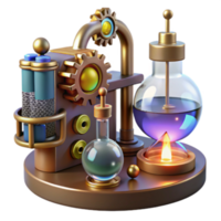 Steampunk Alchemy Lab Render Illustration Gear-Driven Apparatus with Glass Flasks and Test Tubes png