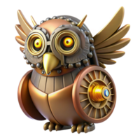 Steampunk Owl Render Illustration, Mechanical Bird, Bronze and Gold Robot, Cogs and Gears, Fantasy Creature Design png