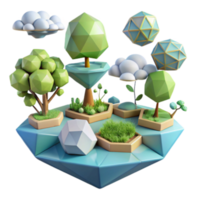 Low Poly Render of a Floating Island with Trees, Clouds, and Geometric Shapes png