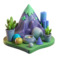 Render of a Whimsical Mountain Scene with Succulents and Abstract Shapes png