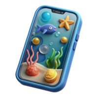 Illustration of a Smartphone Displaying an Underwater Scene with Cartoonish Fish, Seaweed, and Starfish png