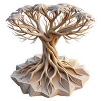 Render of a Stylized Tree with Intricate Roots on a Geometric Base png