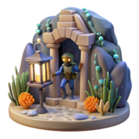 Render of a Robot Exploring an Ancient Stone Cave Entrance at Night png