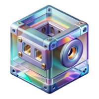 Iridescent Render of a Metallic Cube with Intricate Details png
