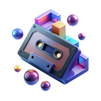 Retro Cassette Tape Render with Colorful Geometric Shapes and Glossy Spheres png