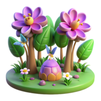 Enchanted Render of a whimsical garden with flowers, butterflies, and a turtle shell house png